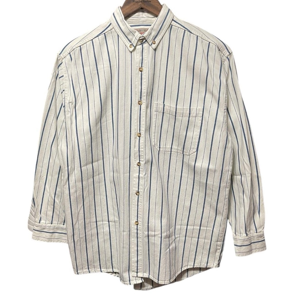 Vintage 70s 80s Rhino Pin Striped button up front pocket workwear denim shirt